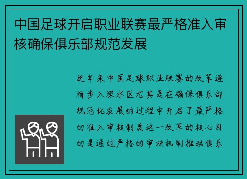 中国足球开启职业联赛最严格准入审核确保俱乐部规范发展