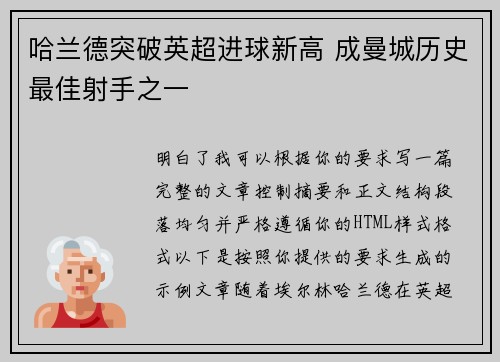 哈兰德突破英超进球新高 成曼城历史最佳射手之一 哈兰德突破英超进球新高 成曼城历史最佳射手之一